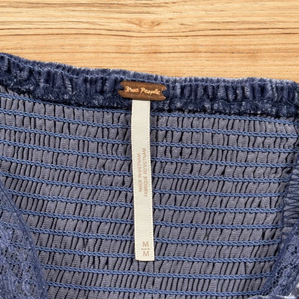 Free People Yours Truly Crushed Velvet Peplum Puff Sleeve Top Blue Size Medium - Picture 4 of 9